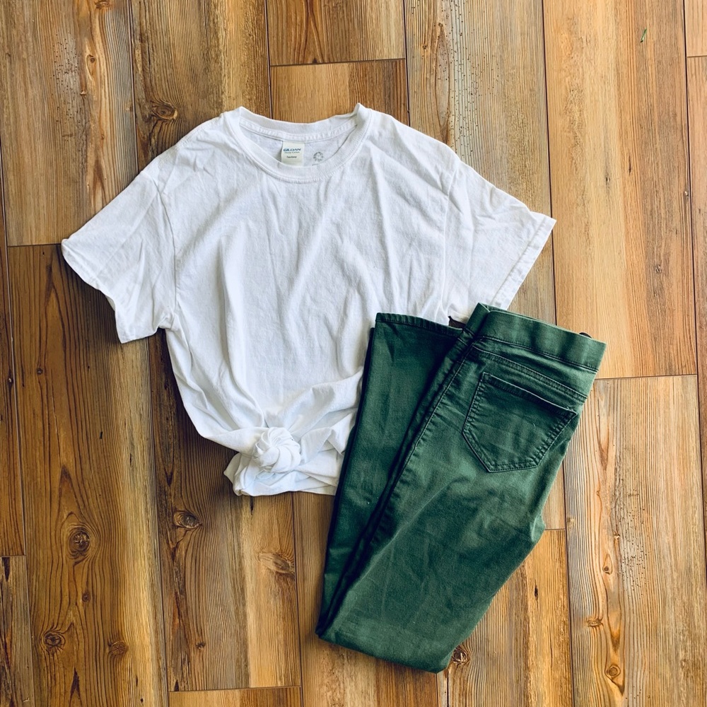 White tshirt and Green jeggings